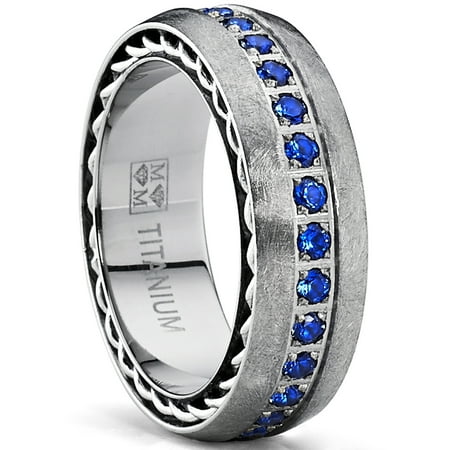 Brushed Titanium Wedding Band Ring With Stainless Cable Inlay and Blue Cubic Zirconia CZ