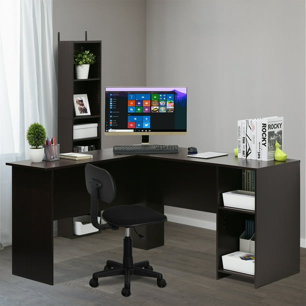 Furinno Indo L-Shaped Desk with Bookshelves, Espresso