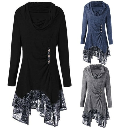 Women's Plus Size Cowl Neck Long Sleeve Irregular Lace Hem Dress,S-5XL