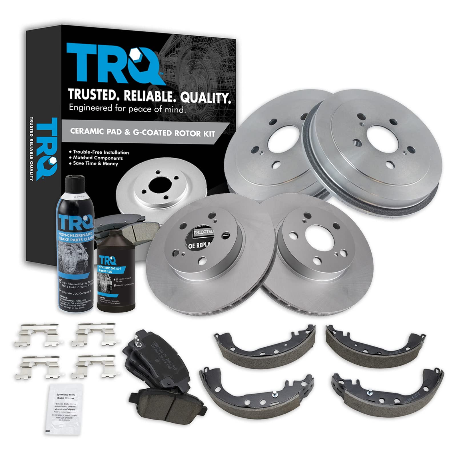 Trq Front Rear Ceramic Pad Coated Rotor Drum Shoe Kit W Fluids For