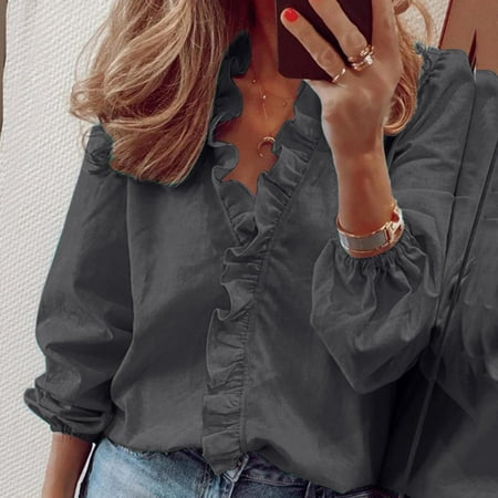 Womens Summer Ruffle V Neck Long Sleeve Solid Print Casual Dressy T Shirt Top Note Please Buy One Or Two Sizes Larger
Womens Summer Ruffle V Neck Long Sleeve Solid Print Casual Dressy T Shirt Top Note Please Buy One Or Two Sizes Larger