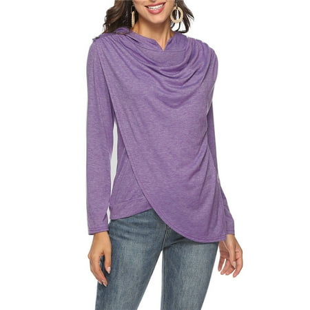 Women Hooded T-shirt Long Sleeves Shawl Front Asymmetrical Hem Solid Sweatshirt Casual Tops