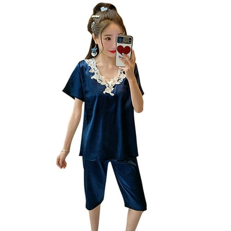Summer Satin Pajamas Set Women Lace Trim V-neck Short-sleeved Top Shorts Suit Loose Casual Solid Color 2 Pcs Home Wear Sets
Summer Satin Pajamas Set Women Lace Trim V-neck Short-sleeved Top Shorts Suit Loose Casual Solid Color 2 Pcs Home Wear Sets