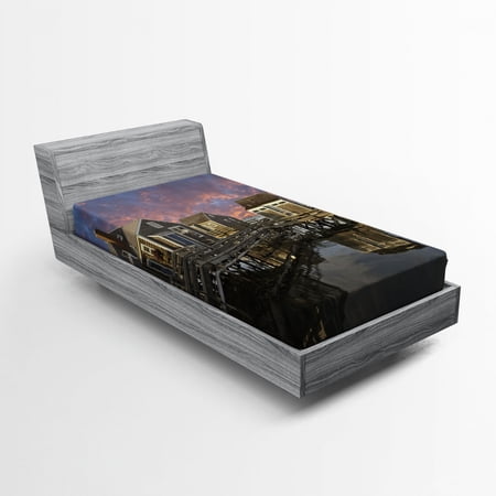 United States Fitted Sheet Sunset over Nantucket Massachusetts Dramatic Sky Clouds Pond Houses, Soft Decorative Fabric Bedding, Coral Blue Sepia, by Ambesonne