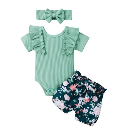 Nokpsedcb Baby Girl s Shorts Sets Short Sleeve Romper Tops Shorts with Headband
