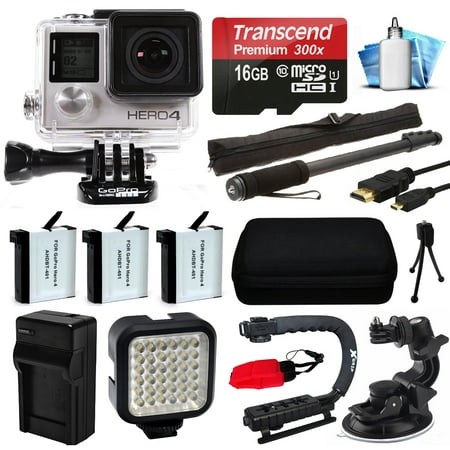 GoPro HERO4 Silver Edition 4K Action Camera with 16GB MicroSD Card, 3x Batteries with Charger, Opteka xGrip Action Video Stabilizer, Night LED Light, Car Mount Attachment, HDMI Micro Cable + More