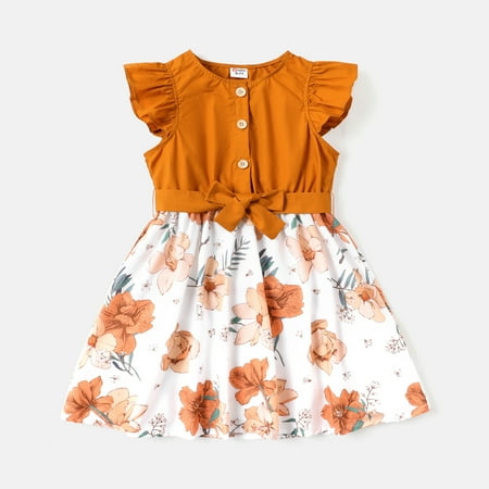 PatPat Kid Girl Floral Print Splice Flutter-sleeve Belted Dress