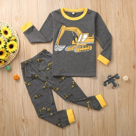 Baby Kids Boys Long Sleeve Cartoon Car Printed Tops+Pants Pajamas Outfit Set