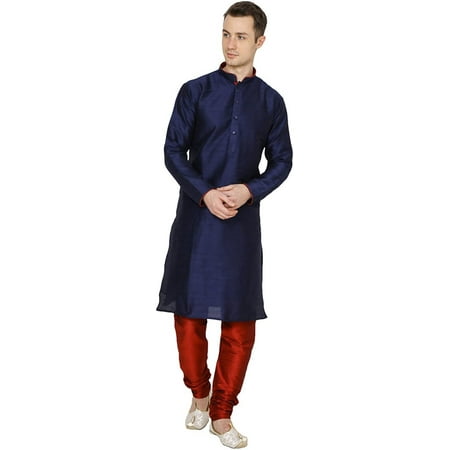 Royal Kurta Mens Silk Kurta Churidar with Contrast Neck Detailing Navy