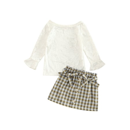 Tempura Kid Girl Outfits Set Round Neck Ruffle Long Sleeve Solid Color Tops with Bowknot Buttons Plaid Short Skirt
Tempura Kid Girl Outfits Set Round Neck Ruffle Long Sleeve Solid Color Tops with Bowknot Buttons Plaid Short Skirt