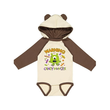 Inktastic Warning Candy Monster with Candy and Cute Green Monster Gift Baby Boy or Baby Girl Long Sleeve Bodysuit
