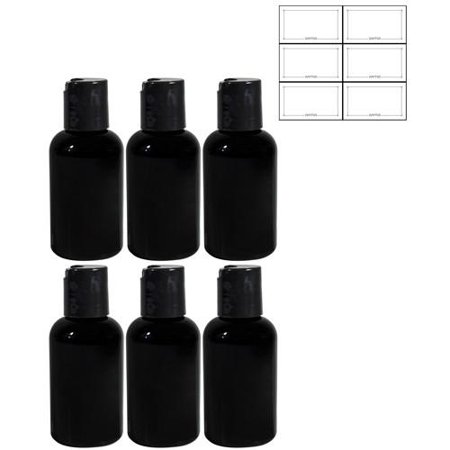 Black 2 oz Boston Round PET (BPA Free) Bottle with Black Disc Cap Lid (6 pack) + Labels