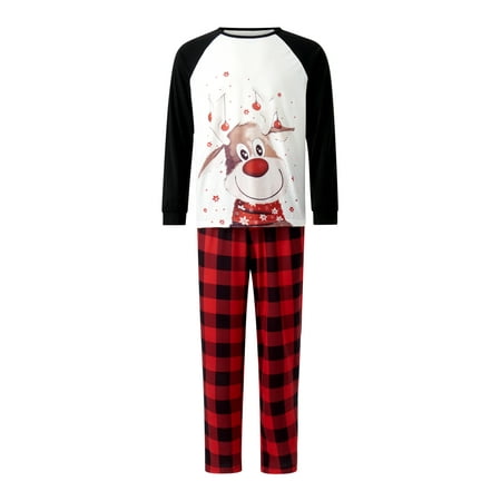 Christmas Family Matching Pajama Set Reindeer Print Tops + Plaid Pants