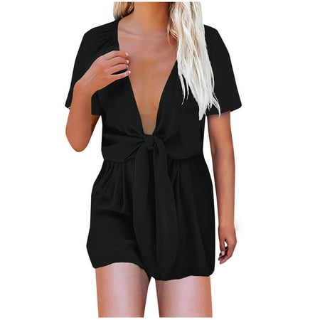 Jumpsuit for Women Short Sleeve Plunge V Neck Tie Waist Summer Short Bodysuit Elegant Loose Jumpsuits and Rompers
Jumpsuit for Women Short Sleeve Plunge V Neck Tie Waist Summer Short Bodysuit Elegant Loose Jumpsuits and Rompers