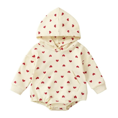 Girls Long Sleeve Hearts Printed Hooded Pullover Romper With Pocket Sweatshirt Bodysuits