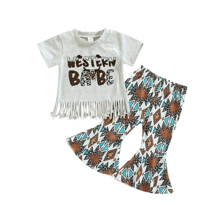 Zervatek Toddler Girl 2Pcs Western Outfits Short Sleeve Letter T-shirts Graphic Flare Pants Set
Zervatek Toddler Girl 2Pcs Western Outfits Short Sleeve Letter T-shirts Graphic Flare Pants Set