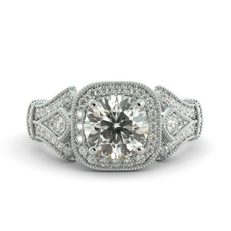 3.19 ct Cushion Brilliant Moissanite & Diamond Vintage Engagement Ring 18k White Goldold