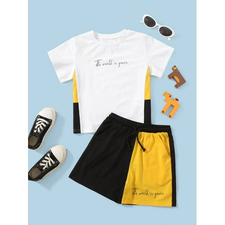 

Short Sleeve Toddler Boys Letter Graphic Colorblock Panel Tees T Shirt Shorts S221904X Multicolor 2Y(36IN)