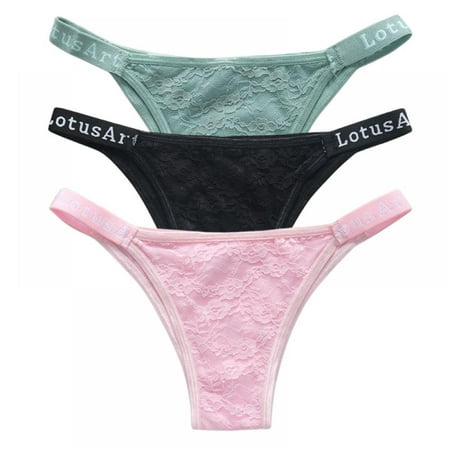 

Popvcly 3 Pack Women Floral Lace Thong Seamless T-back Thongs Waistband Logo Printed Underpants Low-Rise Soft Stretch Panties