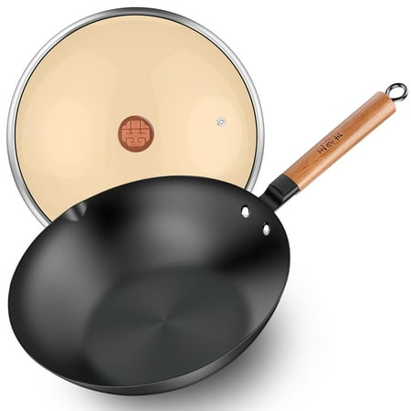 WANGYUANJI Carbon Steel Wok 12 inch Flat Bottom Chinese Iron Pot