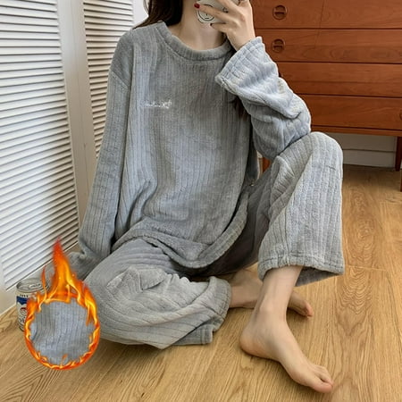 Women Winter Warm Flannel Coral Velvet Pajamas Set Nightgown Soft Sleepwear
