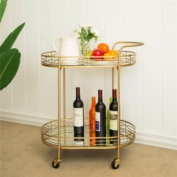 Deluxe Metal Oval Mirrored Bar Cart