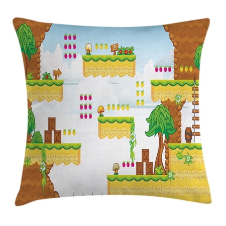 Video Games Throw Pillow Cushion Cover, Cartoon Retro Computer Graphic Kids Western Design Box Cloud Fun Adventure 90's, Decorative Square Accent Pillow Case, 24 X 24 Inches, Multicolor, by Ambesonne