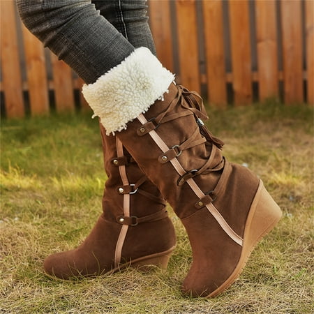 

Winter Clearance Deals! SuoKom Boots for Women Women s After Sanding With Tassels High Boots Sleeves Wedges Snow Boots Winter Snow Boots for Women Brown