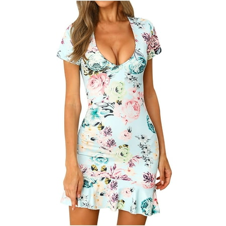 jsaierl Womens Summer Dress 2023 Casual Print Dress Floral Short Sleeve Midi Dress Fashion Crew Neck Dress