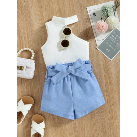 

Sleeveless Toddler Girls Asymmetrical Neck Tank Tops T Shirt Paperbag Waist Belted Shorts S221904X Blue and White 100(3-4Y)