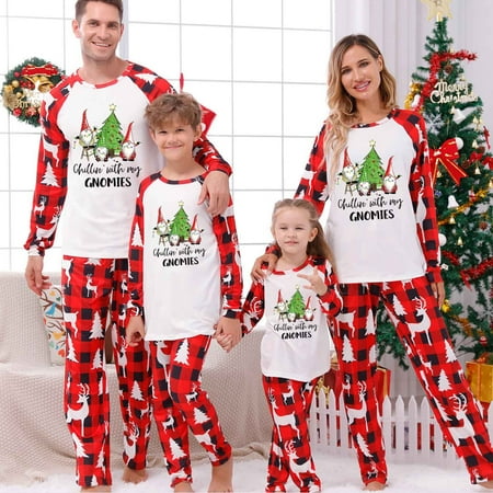 Cuhas Men Dad Christmas Plaid Print Family Matching Long-Sleeved Top + Pants Set