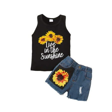 Kucnuzki 2T Toddler Girl Summer Outfits Shorts Sets 3T Sleeveless Sunflower Prints Racer Vest Elastic Ripped Denim Shorts 2PCS Set Black
Kucnuzki 2T Toddler Girl Summer Outfits Shorts Sets 3T Sleeveless Sunflower Prints Racer Vest Elastic Ripped Denim Shorts 2PCS Set Black