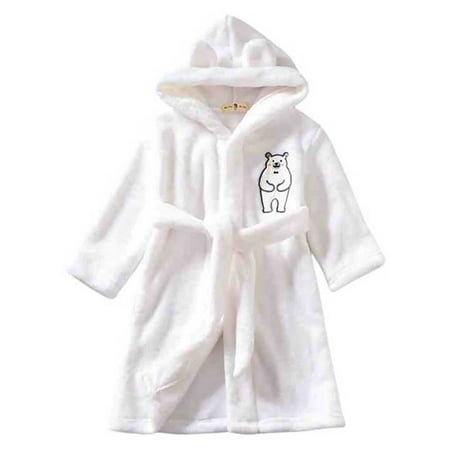 Bathrobe for Toddlers Plush Soft Coral Sleepwear Fleece Pajamas Animal Bear Print Hooded Night-Robe for Kids Little Girls Boys 1-6T White