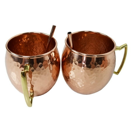 Oakland Living Hammered 17 oz. Copper Moscow Mule Cups with 2 Straws - Set of 2