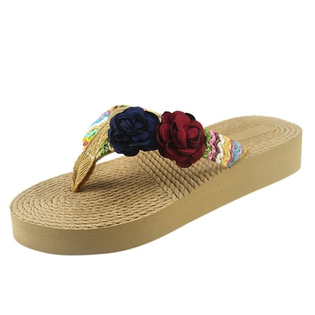 Summer Sandals for Women Women Weave Beach Breathable Sandals Home Slipper Flowers Flip-Flops Flat Shoes Cloth