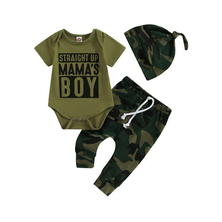 Baby Boy 3Pcs Spring Summer Camouflage Outfits Short Sleeve Letter Romper + Pants + Top Knot Hat Set
Baby Boy 3Pcs Spring Summer Camouflage Outfits Short Sleeve Letter Romper + Pants + Top Knot Hat Set