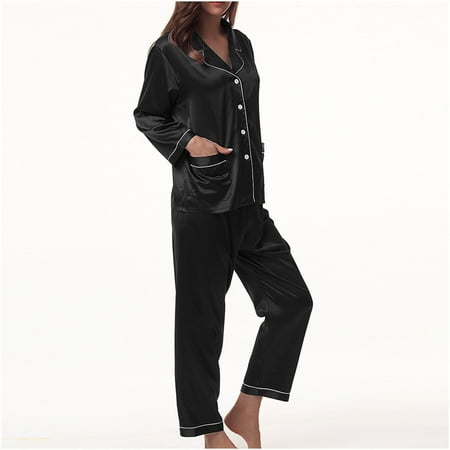 

XIAOFFENN Womens 2 Piece Outfits Women s 2 Piece Satin Outfits Long Sleeve Button Down Homewear Wide Leg Pants Silk Loungewear Pajama Sets Black XXL