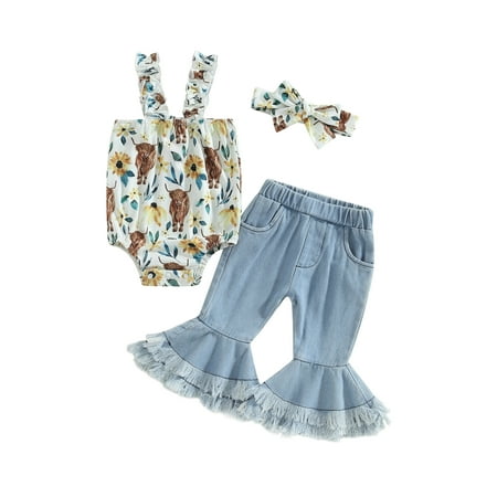 Qtinghua Infant Baby Girls Summer Clothes Sleeveless Romper Tops+Denim Bell-Bottomed Pants+Headband Set
Qtinghua Infant Baby Girls Summer Clothes Sleeveless Romper Tops+Denim Bell-Bottomed Pants+Headband Set