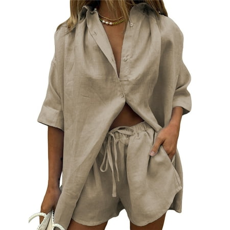Sprifallbaby Women Short Pajamas Set Summer Solid Color 3/4 Sleeve Button-up Shirts Tops and Drawstring Shorts Casual Streetwear Outfits
Sprifallbaby Women Short Pajamas Set Summer Solid Color 3/4 Sleeve Button-up Shirts Tops and Drawstring Shorts Casual Streetwear Outfits