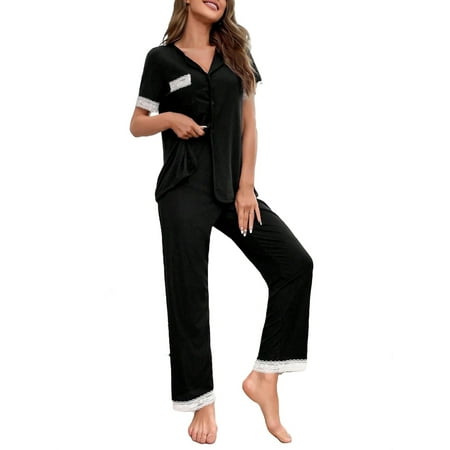 Casual Colorblock Collar Pants PJ Sets Short Sleeve Black Women Pajama Sets (Women s)
Casual Colorblock Collar Pants PJ Sets Short Sleeve Black Women Pajama Sets (Women s)