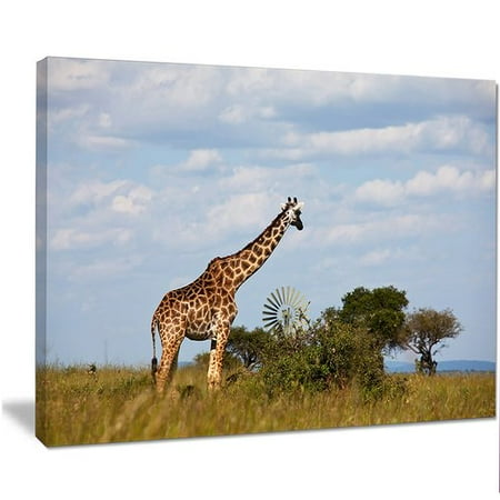 Design Art 'Large Giraffe in Savannah' Photographic Print on Wrapped Canvas