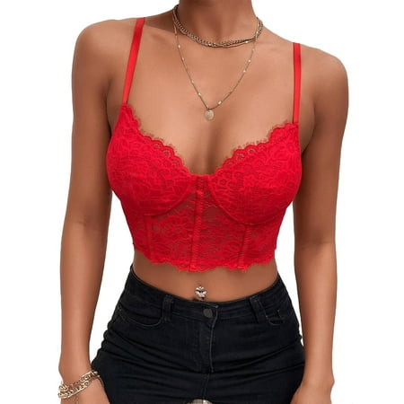 Women s Lace Bustier Crop Cami Top Red S