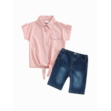 Sunisery Kids Girls 2Pcs Summer Jeans Outfits Short Sleeve Knot Hem Button Down Shirt Denim Shorts Set Clothes Pink 6-7 Years
Sunisery Kids Girls 2Pcs Summer Jeans Outfits Short Sleeve Knot Hem Button Down Shirt Denim Shorts Set Clothes Pink 6-7 Years