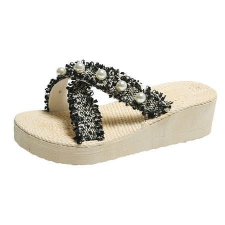 ZIZOCWA Boho Style Women Wedges Slippers Non-Slip Pearl Straw Weave Thick Bottom Casual Beach Shoes Sandals Open Toe Soft Sole Flip Flops Black Size8
ZIZOCWA Boho Style Women Wedges Slippers Non-Slip Pearl Straw Weave Thick Bottom Casual Beach Shoes Sandals Open Toe Soft Sole Flip Flops Black Size8