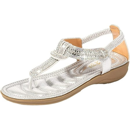 DabuLiu Women Rhinestone Sandals Summer Dressy Flat Sandal Shoes Sparkly T-strap Ankle Strap Shoes Beach Flat Sandal