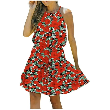 Maxi Dress for Women Black Dress Women Summer Rounk Neck Casual Sleeveless Printed Flowy Boho Beach Mini Dress Savings Clearance Deals Dresses for Women Bridesmaid Dresses Red XL