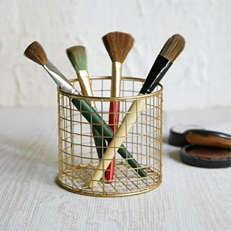 StoreEthnic Round Basket Holder for Office Stationary Kitchen Bathroom Supplies (Brass)