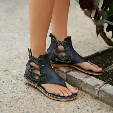 Ecqkame Women s Sandals Clearance Women Casual Pinch Flat-Bottomed Sandals Strappy Ankle Flat Straps Shoes Black 38