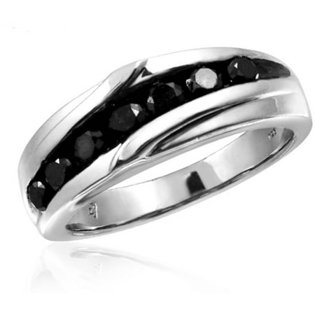 1.00 CTW Round cut Black Diamond Strip Sterling Silver Men's Ring