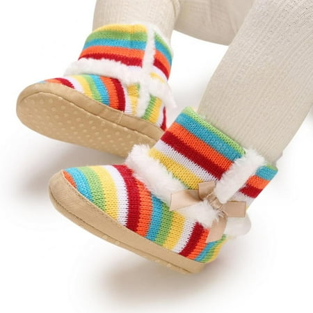 Infant Baby Girls Rainbow Stripes Velvet Cotton Boots Winter Warm Shoes 0-18M